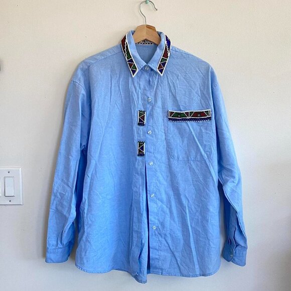 VIVA AFRIKA BLUE BEADED NATIVE AMERICAN BUTTON DOWN TOP WOMENS XL - Picture 8 of 8